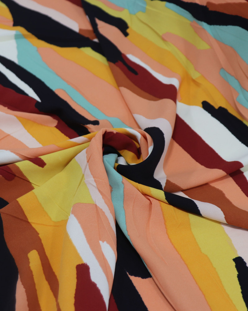 Tecido Crepe Koshibo Pintura Abstrata Tons Quentes