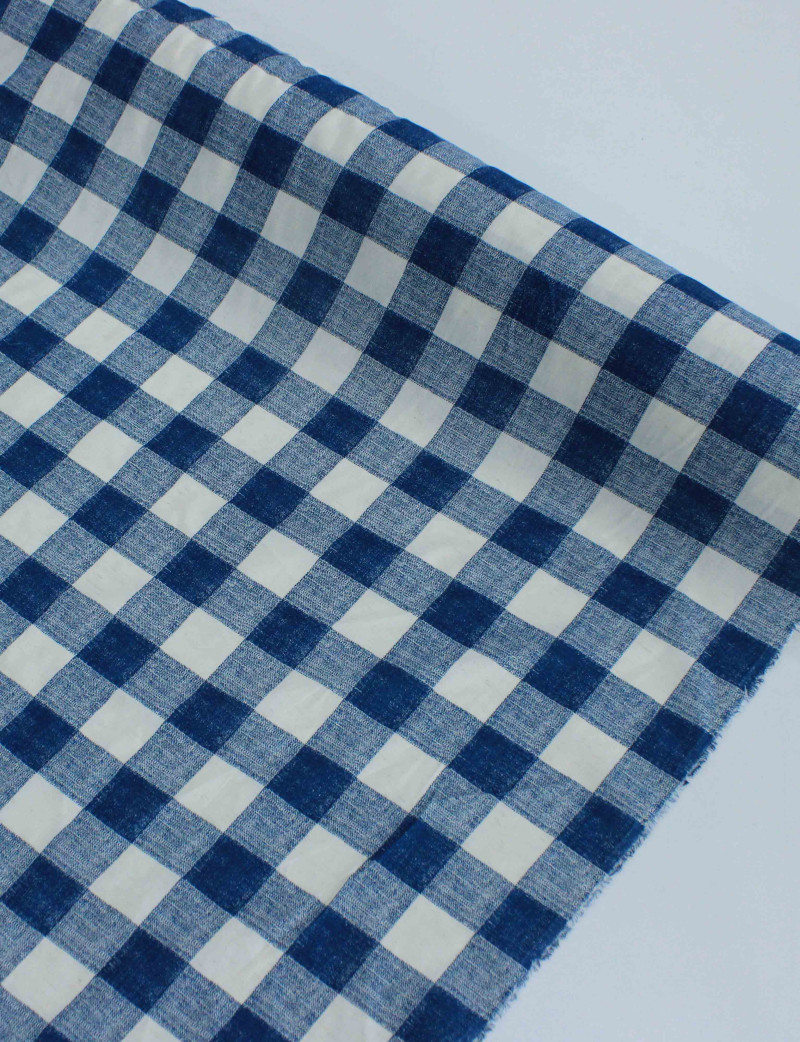 Tecido Linho Misto Camisaria Macro Xadrez Azul Petróleo e Offwhite