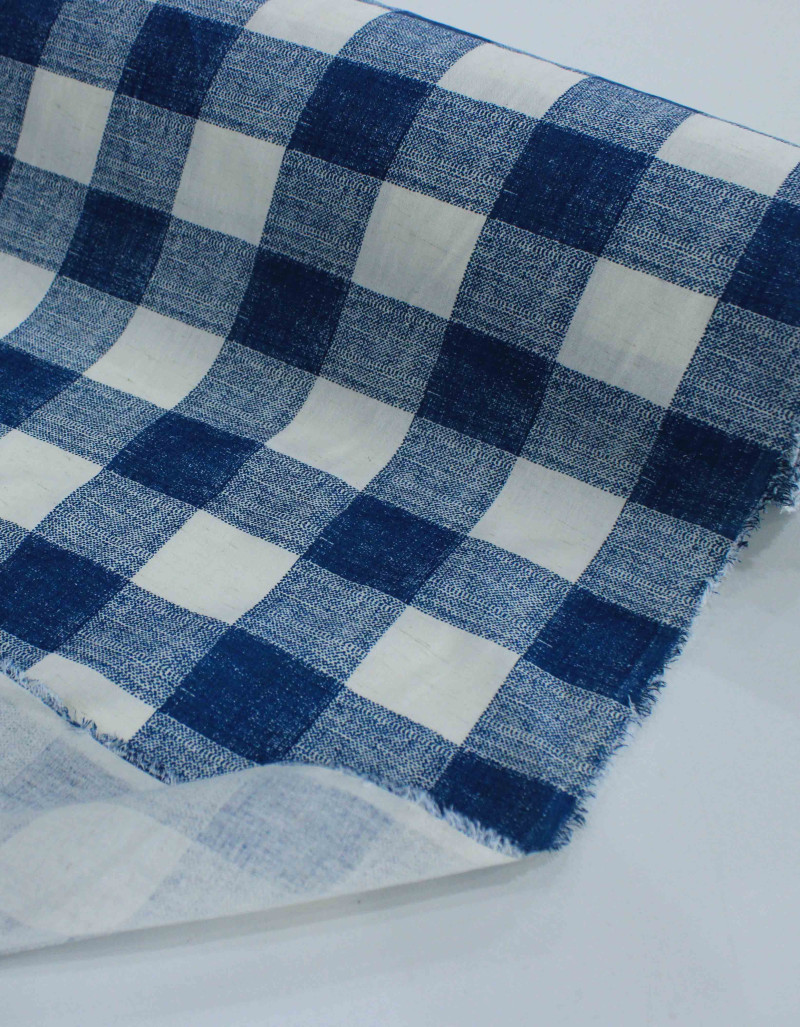 Tecido Linho Misto Camisaria Macro Xadrez Azul Petróleo e Offwhite