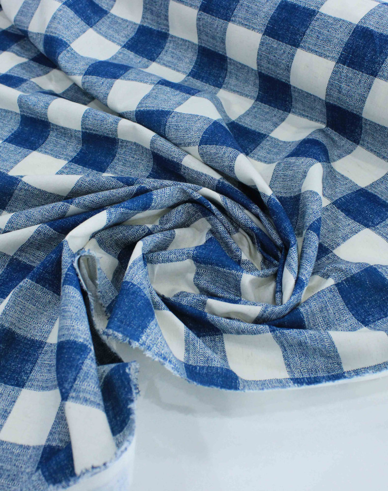 Tecido Linho Misto Camisaria Macro Xadrez Azul Petróleo e Offwhite