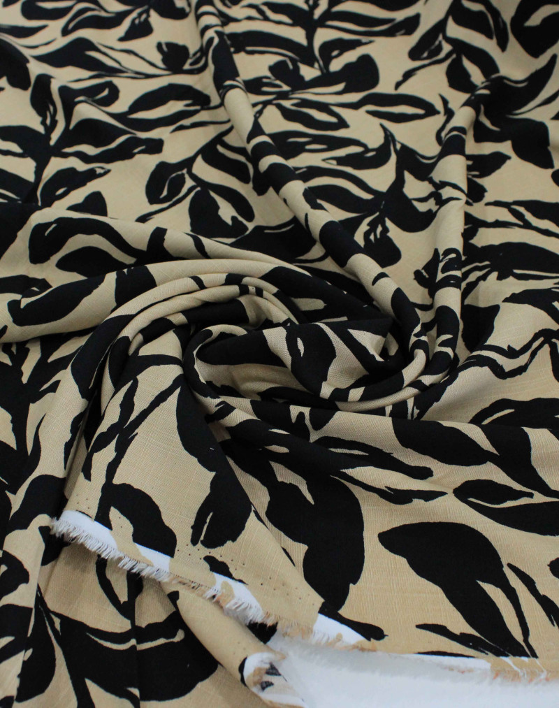 Tecido Viscose Texturizada Folhas Abstratas Preto e Bege