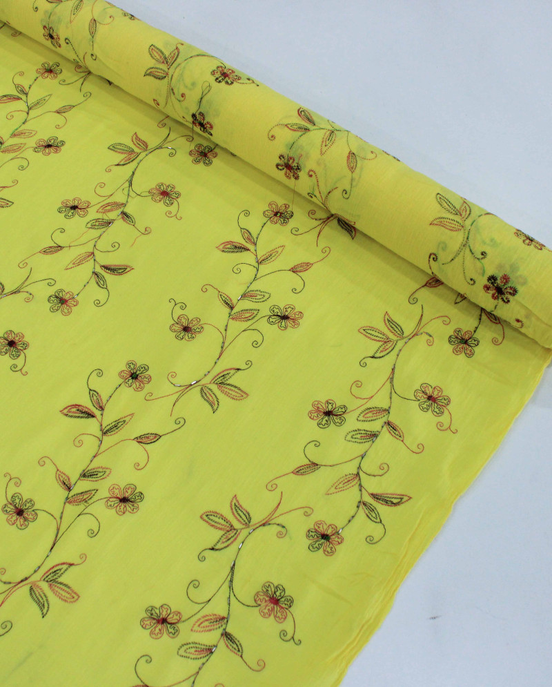 Tecido Crepe de Algodão Bordado Floral Amarelo