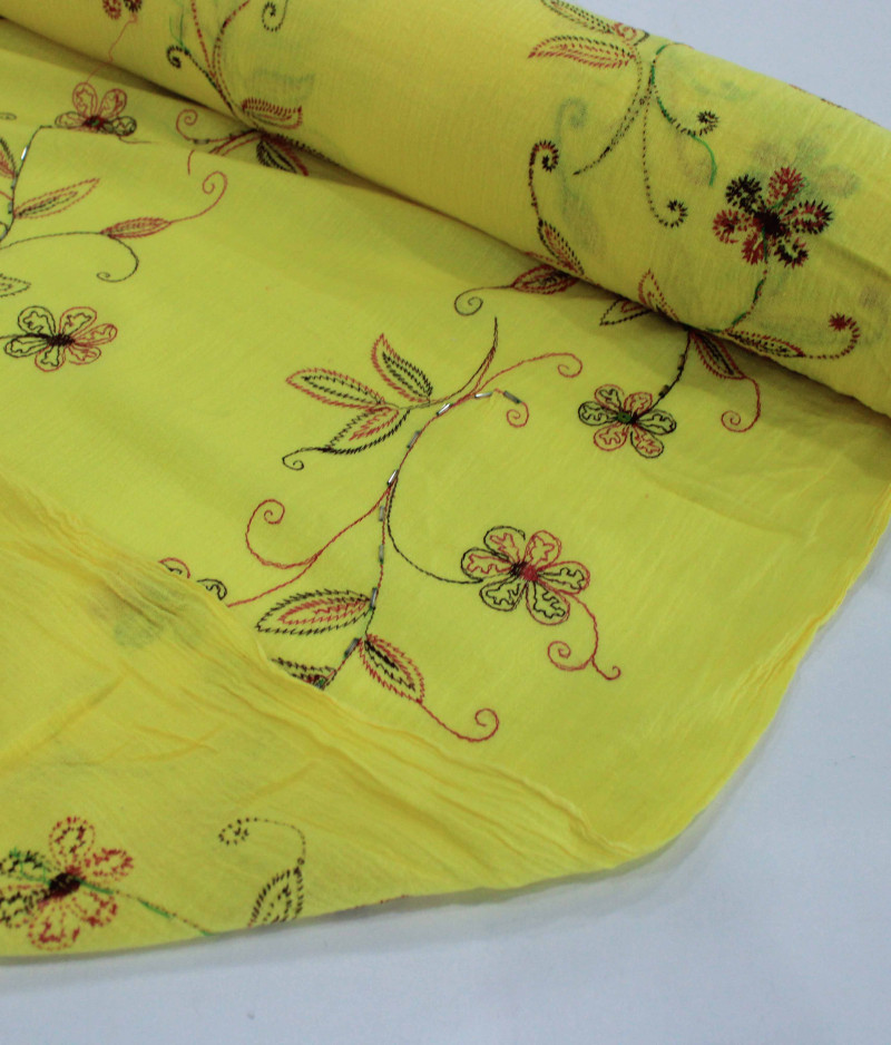 Tecido Crepe de Algodão Bordado Floral Amarelo