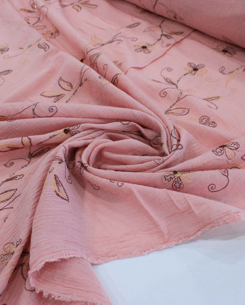 Tecido Crepe de Algodão Bordado Floral Rosé