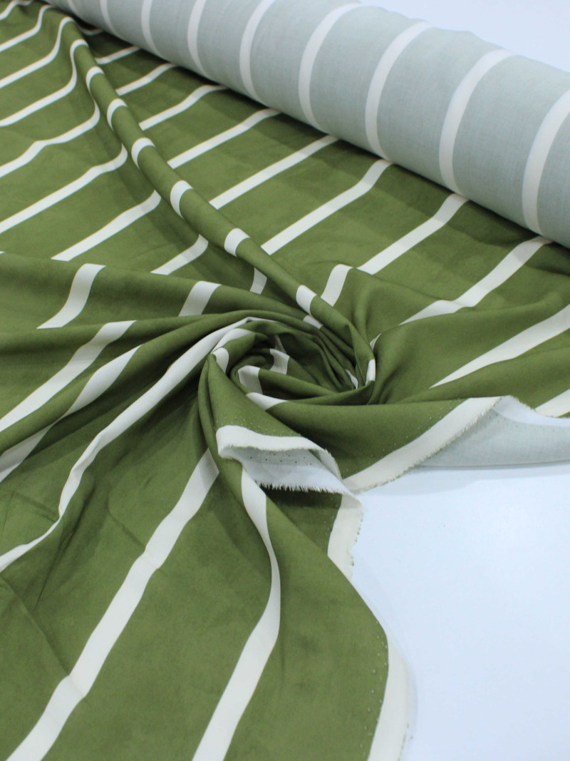 Tecido Viscose Premium Listras Estonadas Verde Oliva e Creme
