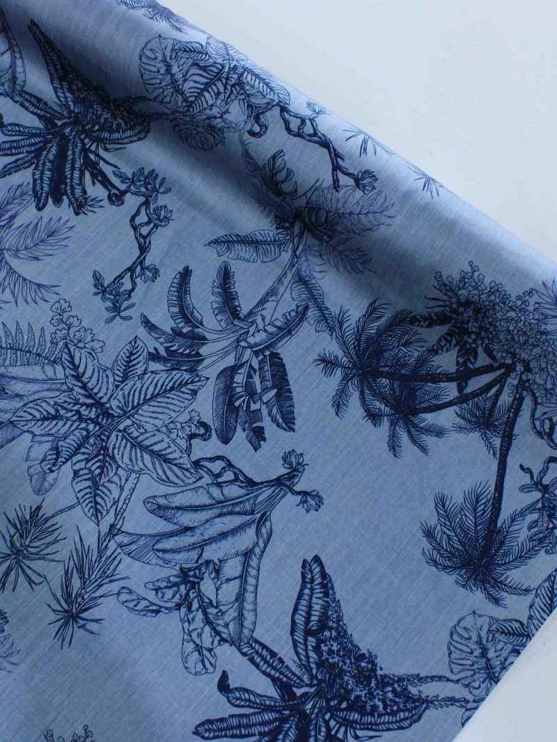 Tecido Crepe Silk Italiano Folhagens Cinza e Azul