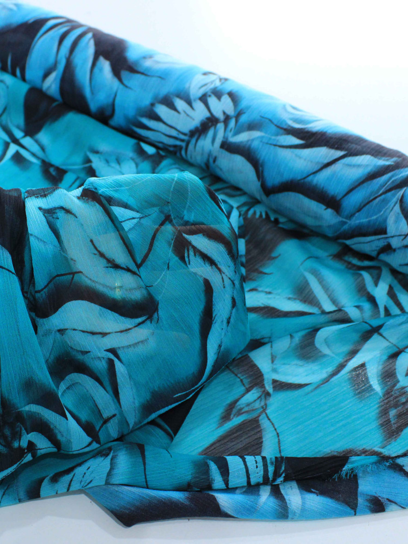 Tecido Crepe Chiffon Texturizado Italiano Folhagens Verde Tiffany e Preto