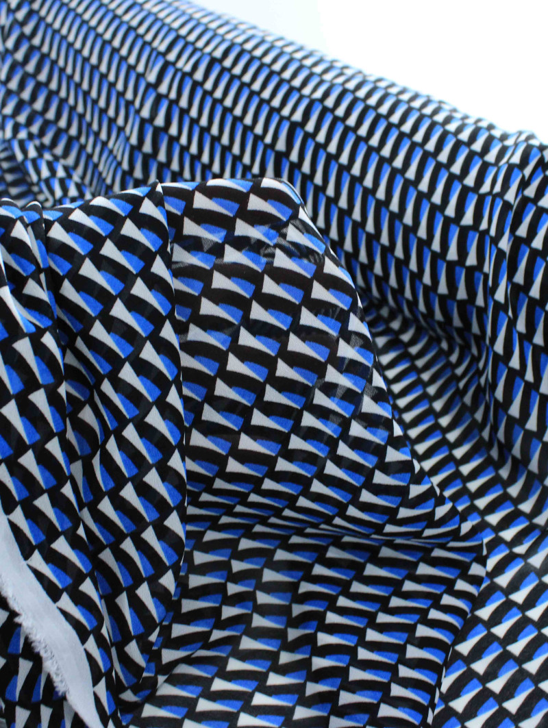 Tecido Crepe Chiffon Italiano Ilusão de Ótica Preto e Azul