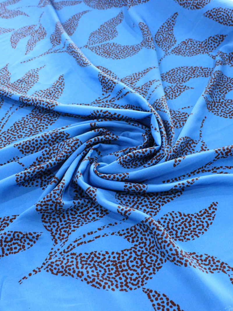 Tecido Crepe Silk Italiano Flores em Pontilhados Marrom e Azul