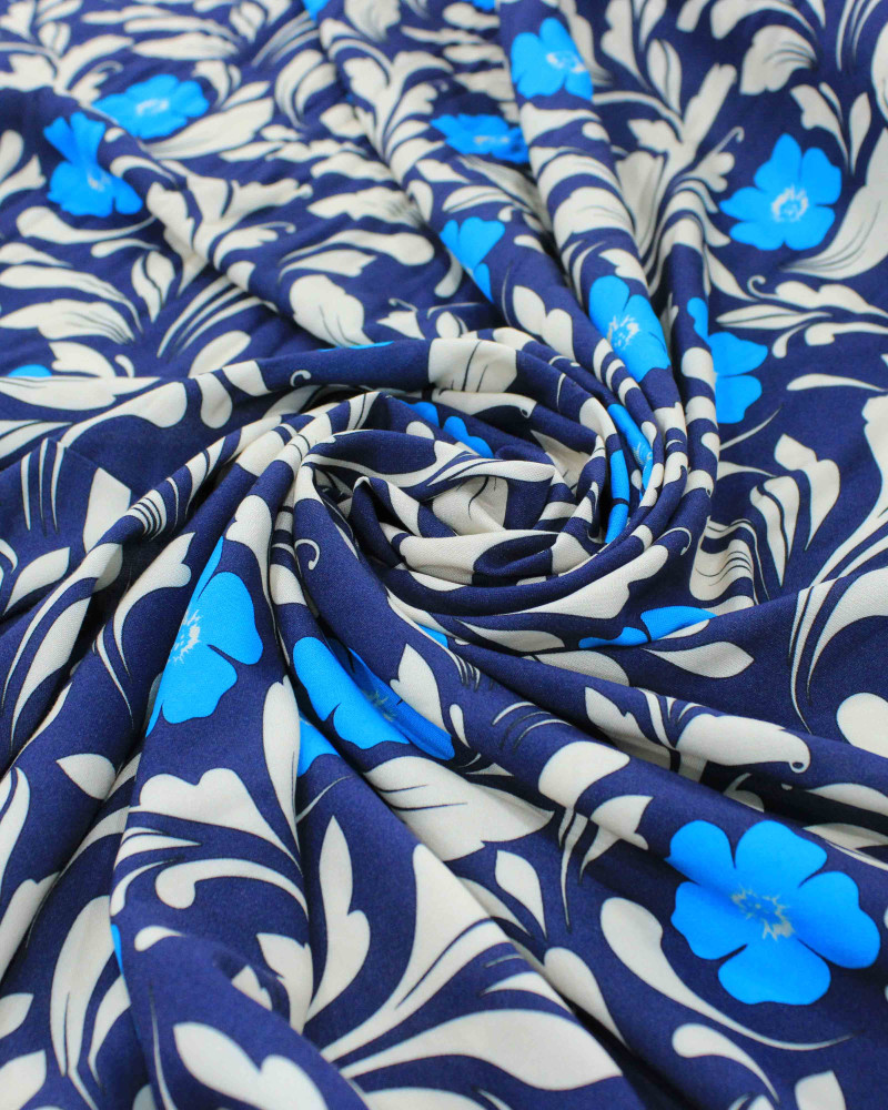 Tecido Viscose Italiano Floral Bege e Azul Marinho