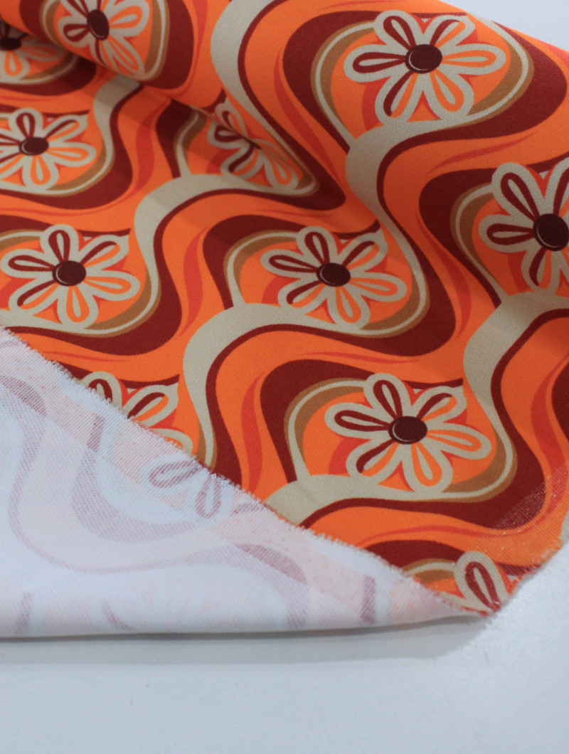 Tecido Crepe Salinas Italiano Flores Tons de Laranja