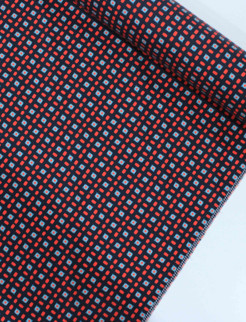 Tecido Tricoline Italiano Geométrico Vermelho, Azul e Preto