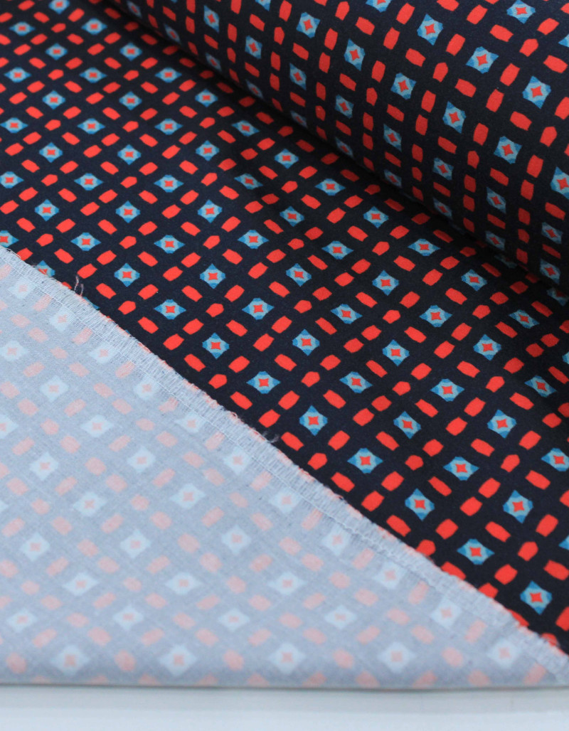 Tecido Tricoline Italiano Geométrico Vermelho, Azul e Preto