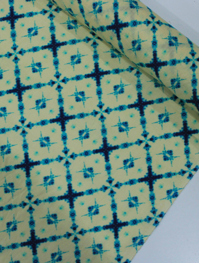 Tecido Linho Puro Italiano Chevron Abstrato Amarelo e Azul