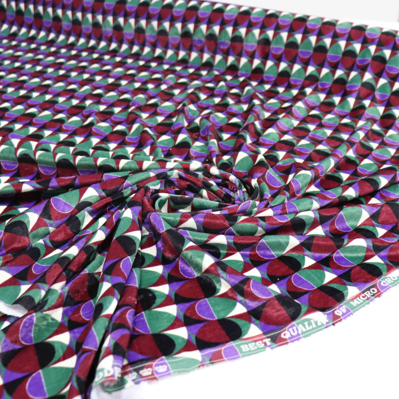 Tecido Veludo Italiano Geométrico Marsala Verde e Roxo (1m)