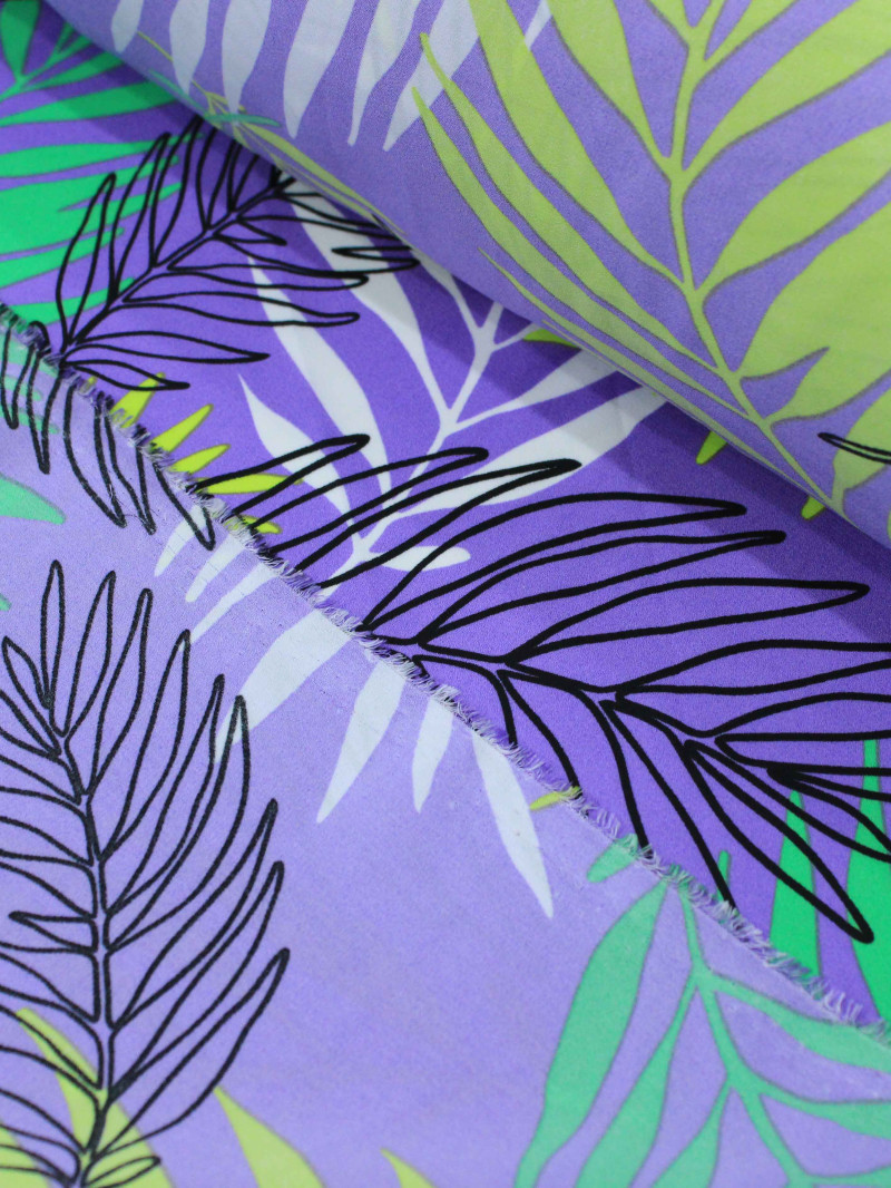 Tecido Crepe GGT Folhagens Roxo e Verde