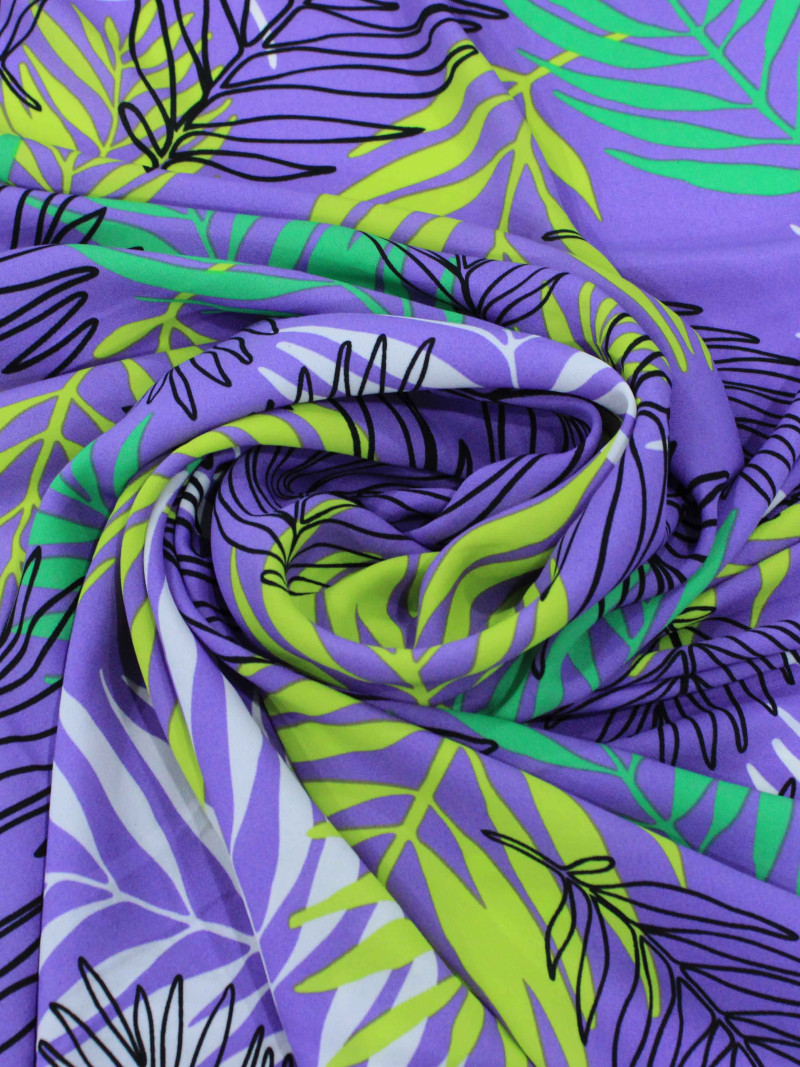 Tecido Crepe GGT Folhagens Roxo e Verde
