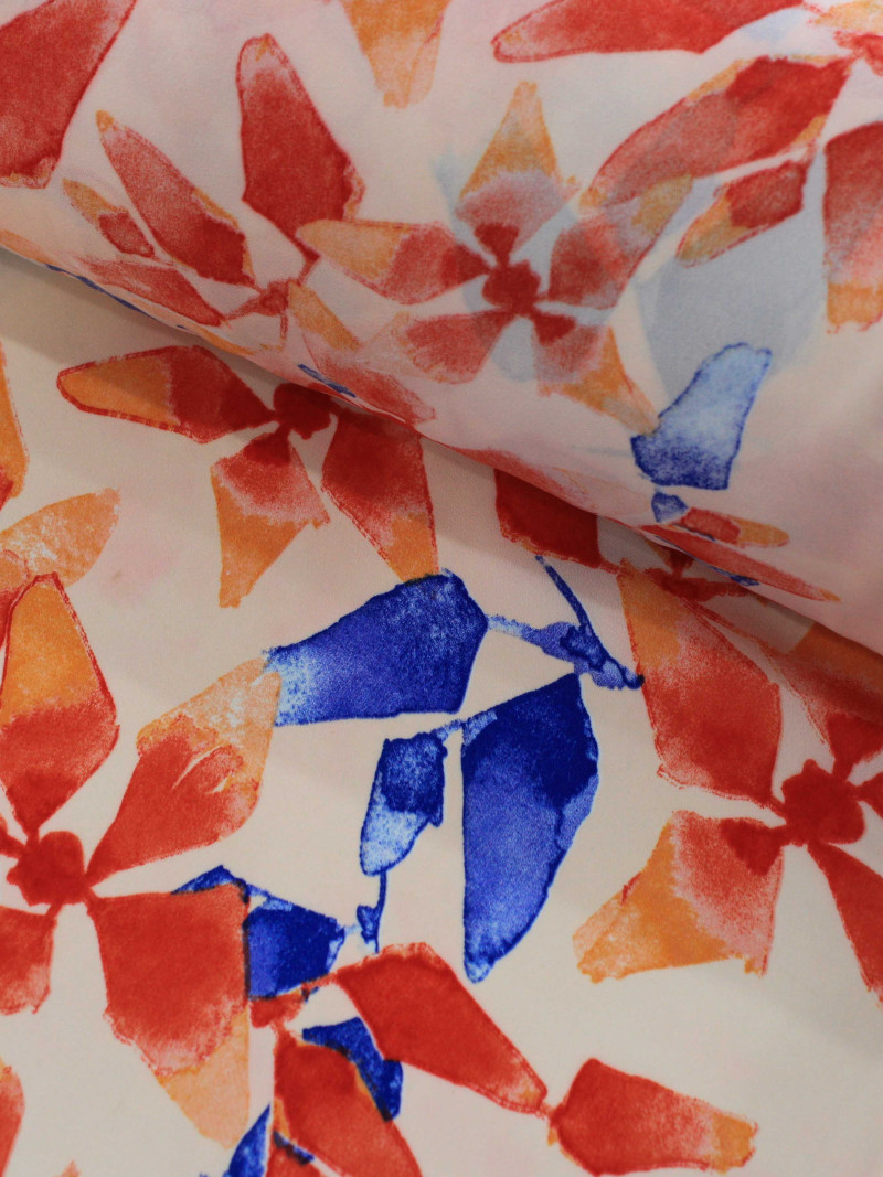Tecido Crepe GGT Flores Abstratas Laranje a Azul