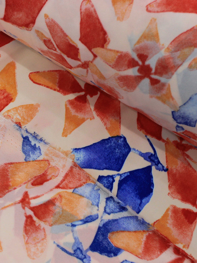 Tecido Crepe GGT Flores Abstratas Laranje a Azul