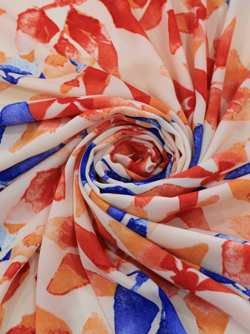 Tecido Crepe GGT Flores Abstratas Laranje a Azul