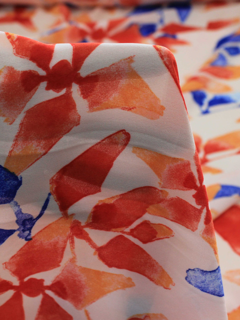 Tecido Crepe GGT Flores Abstratas Laranje a Azul