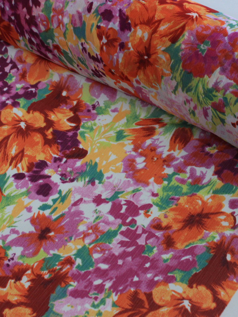 Tecido Crepe Chiffon Floral Tons de Rosa e Laranja