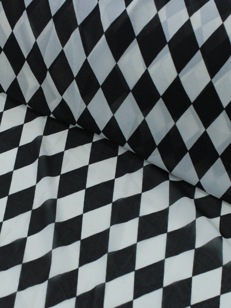 Tecido Crepe Chiffon Losangos Preto e Branco