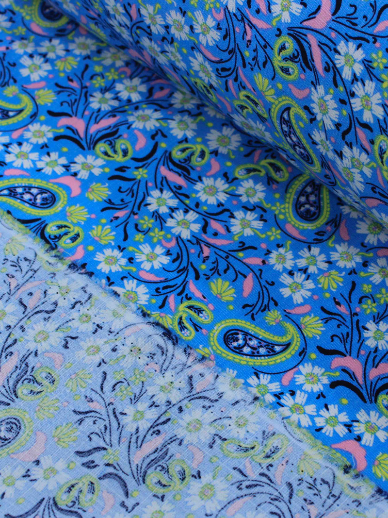 Tecido Viscose Texturizada Cashmere Azul Rosa e Verde
