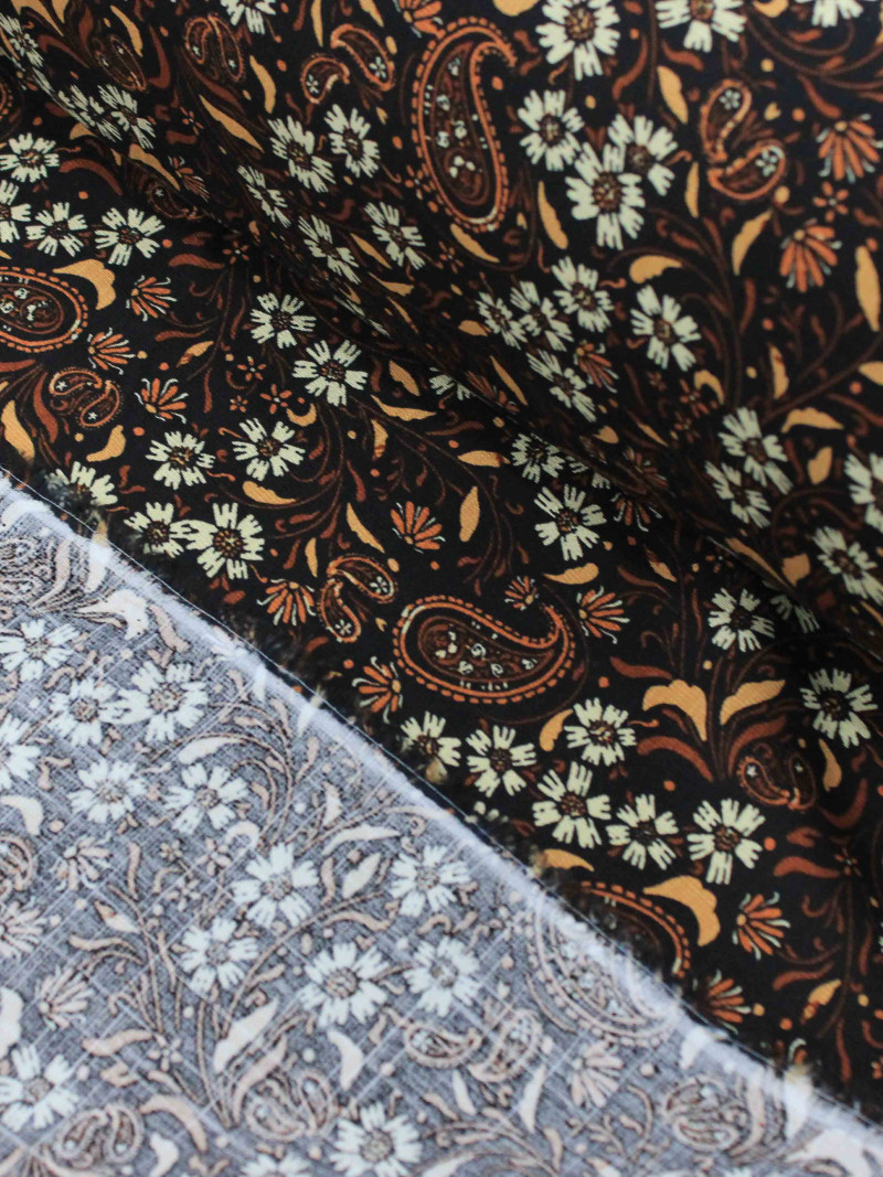 Tecido Viscose Texturixzada Preto e Tons Terrosos