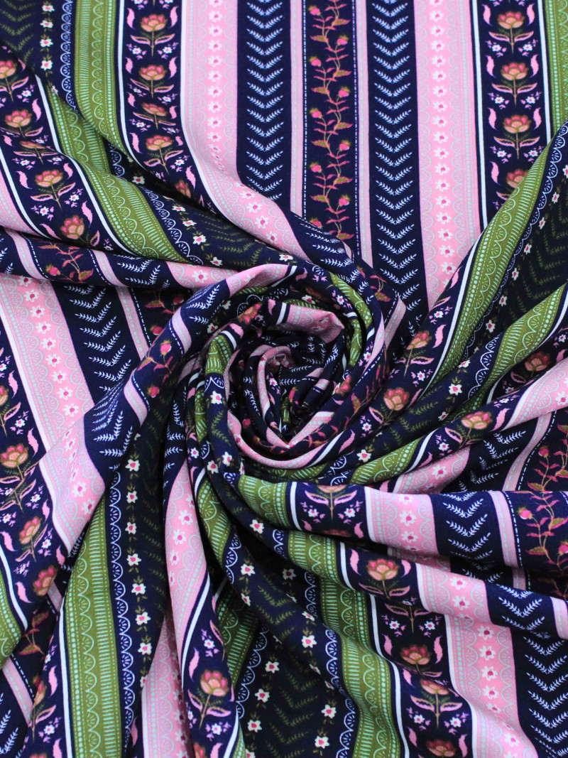 Tecido Viscose Flores Barrado Preto Verde e Rosa