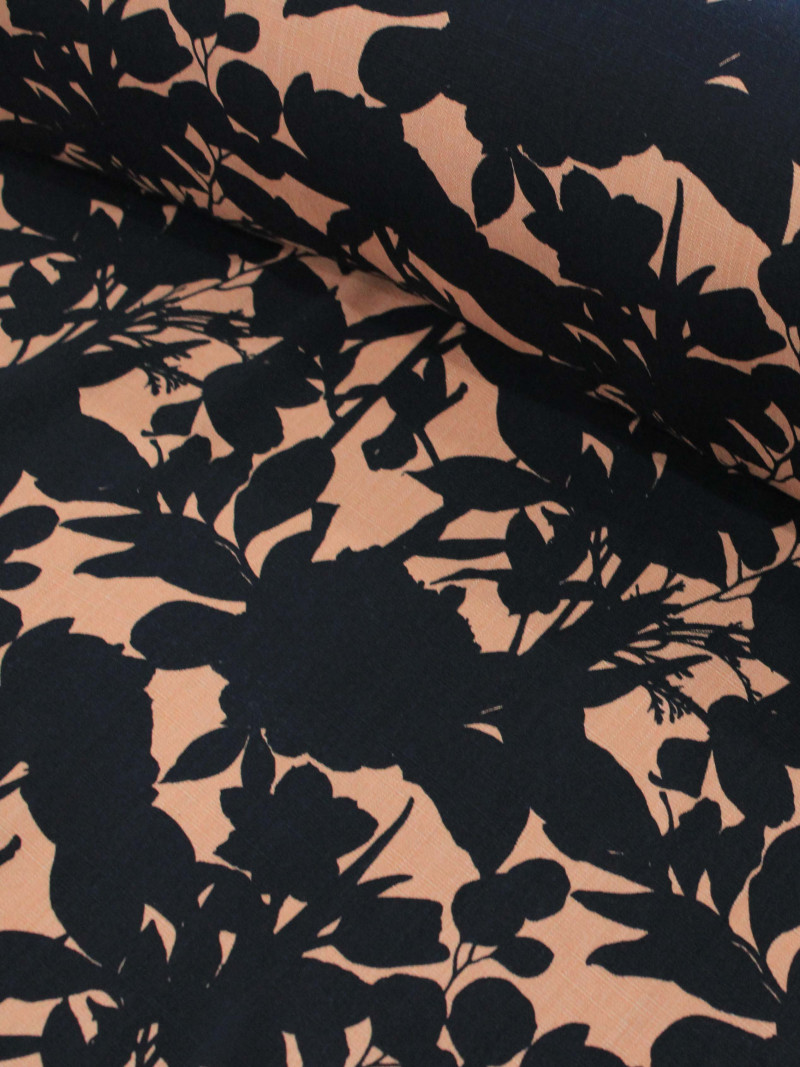 Tecido Viscose Folhas Nude e Preto