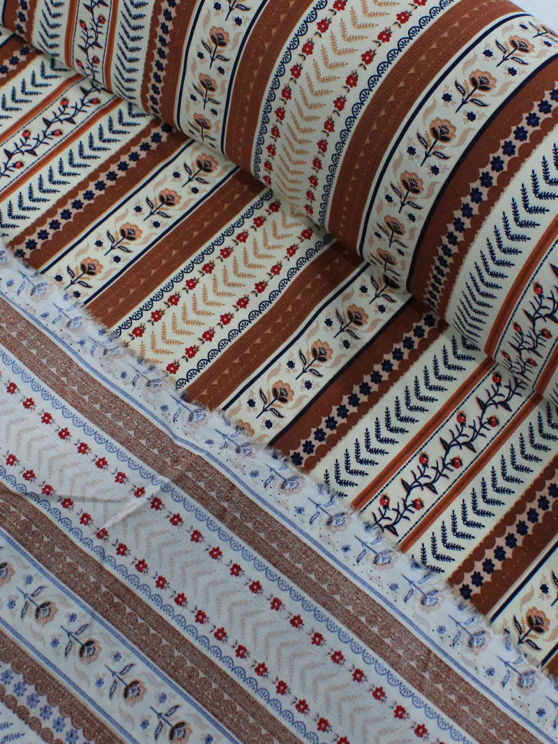 Tecido Viscose Listra Ramos e Flores Marrom Bege e Azul
