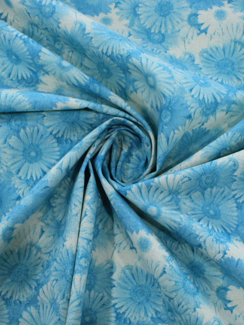 Tecido Linho Flores Azul e Bege