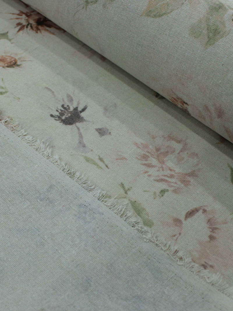 Tecido Linho Flores Rosa Verde e Bege
