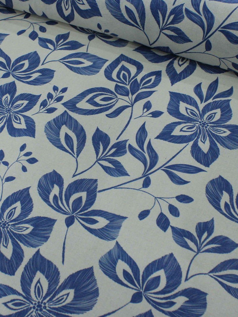 Tecido Linho Misto Flores Azul-marinho