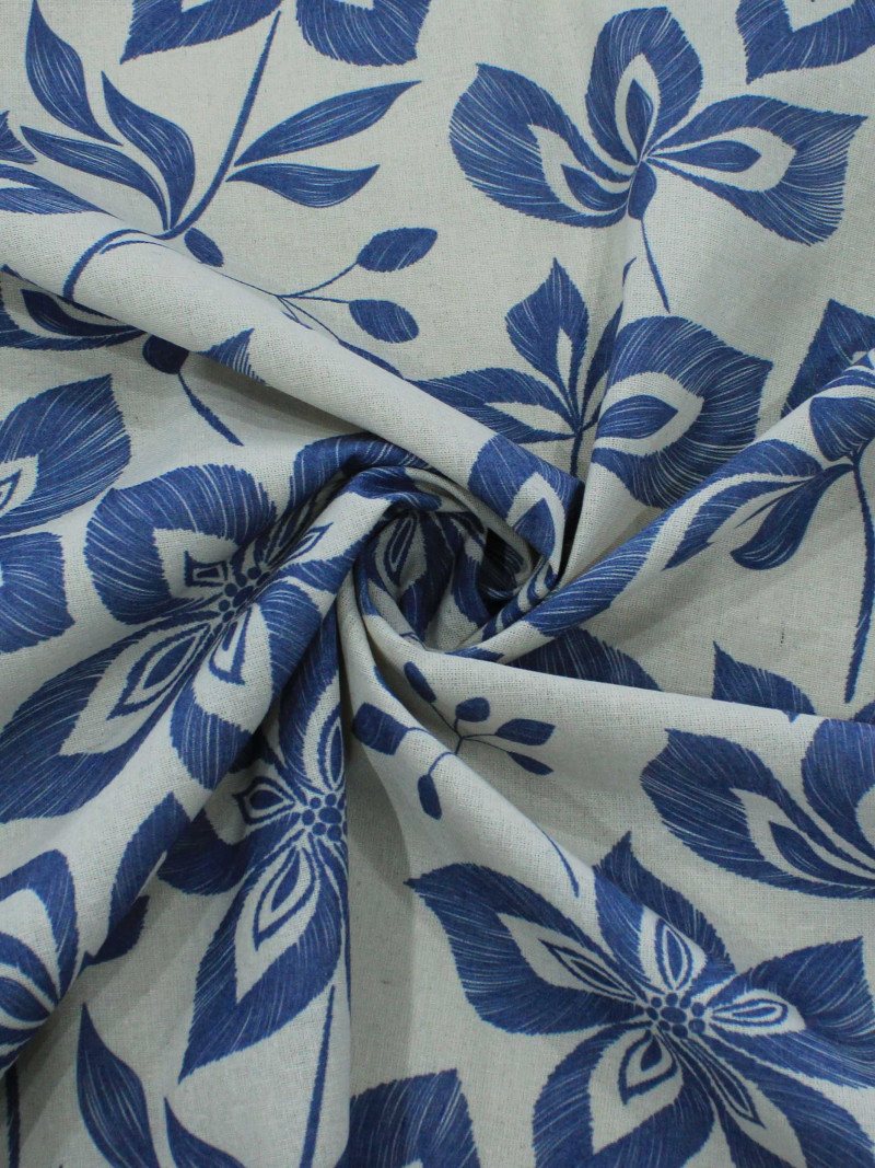 Tecido Linho Misto Flores Azul-marinho
