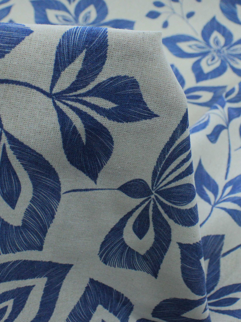 Tecido Linho Misto Flores Azul-marinho