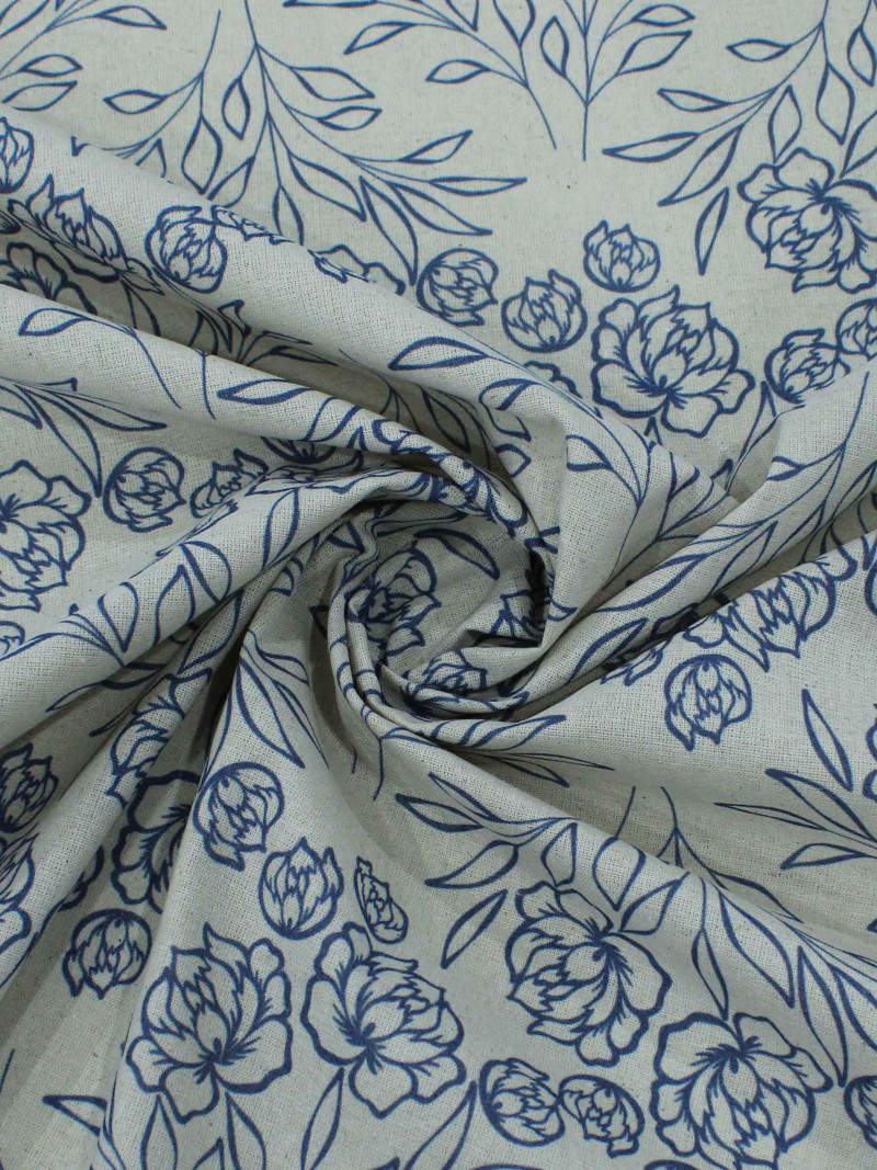Tecido Linho Misto Traçado Flores Azul