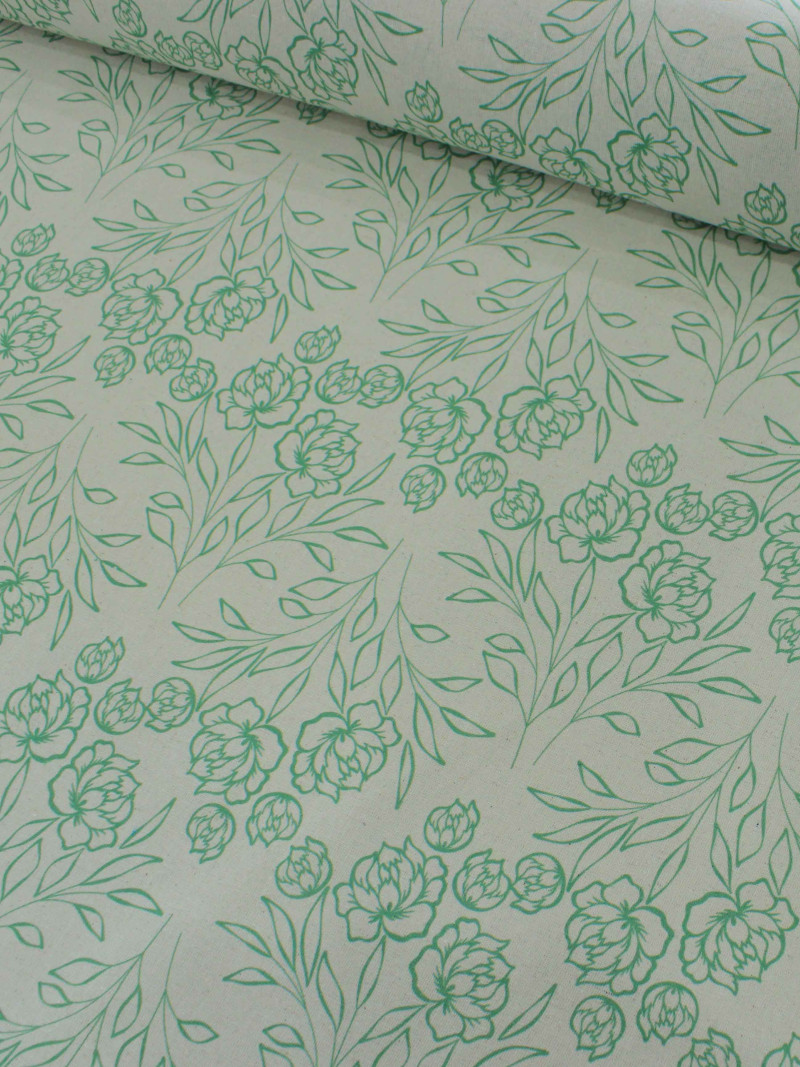 Tecido Linho Misto Traçado Flores Verde