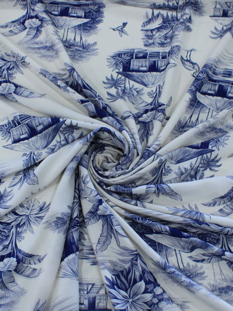 Tecido Viscose Premium Paisagem Tropical Azul e Off-White