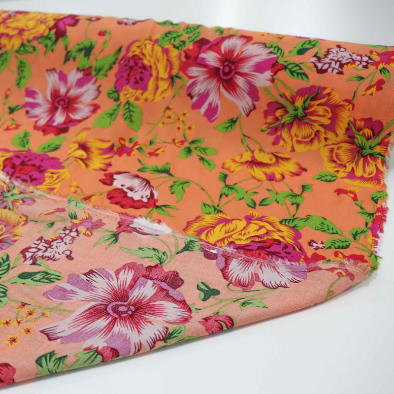 Tecido Viscose Floral Tons Quentes e Coral