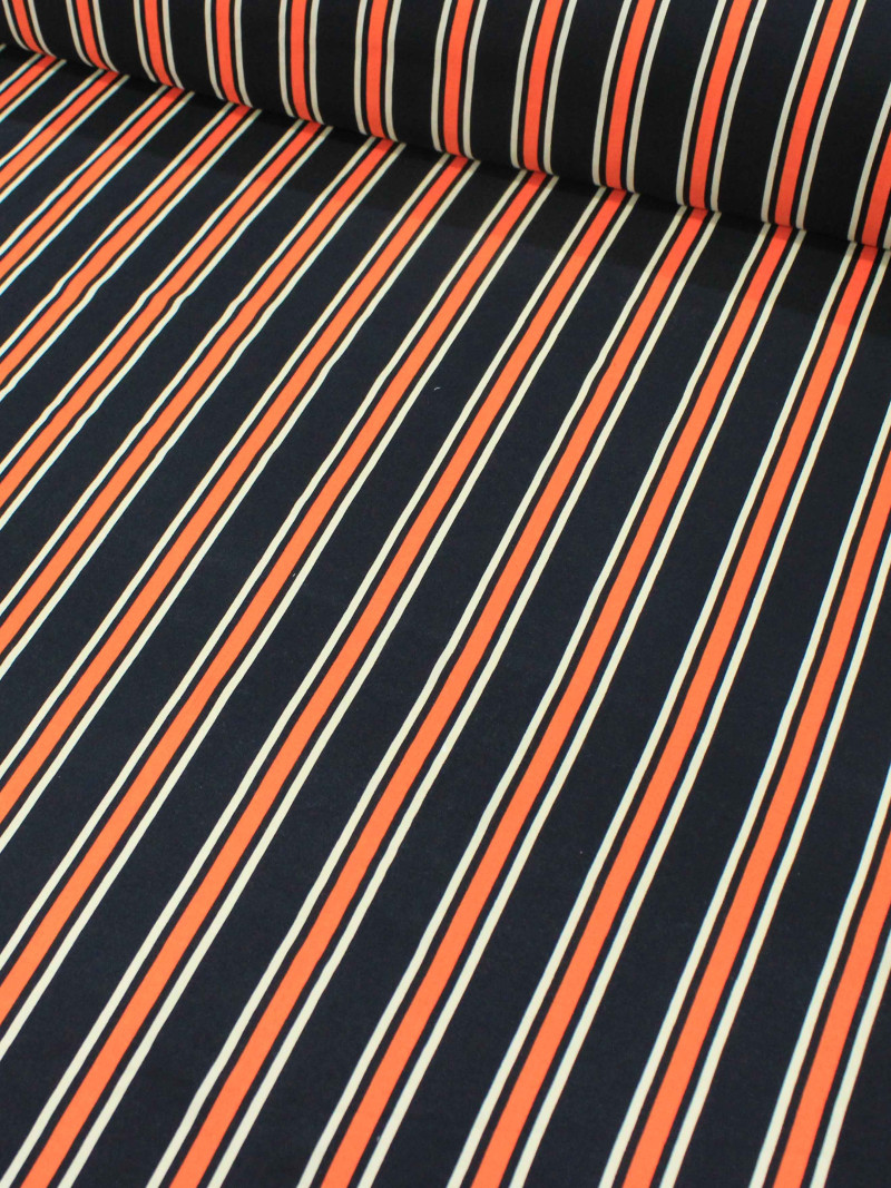 Tecido Viscose Listrado Preto, Laranja e Branco