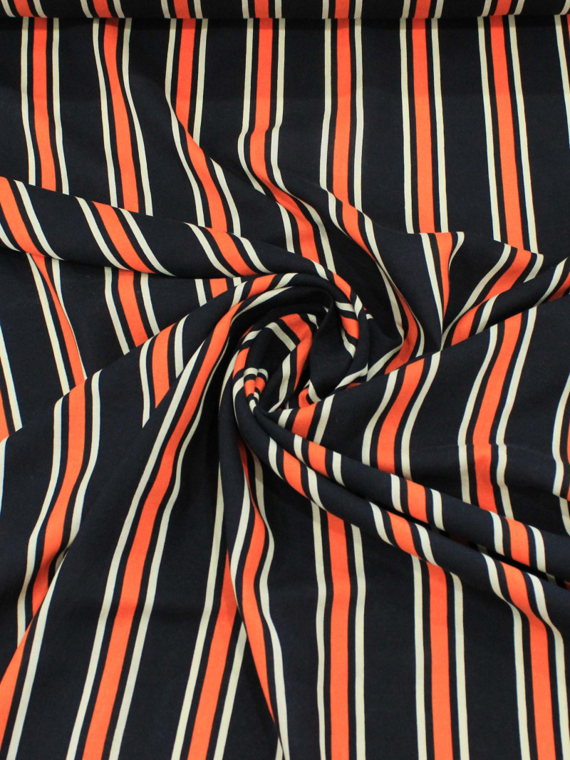 Tecido Viscose Listrado Preto, Laranja e Branco