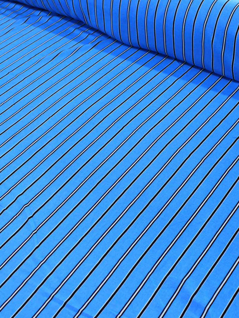 Tecido Viscose Listrado Azul, Branco e Preto
