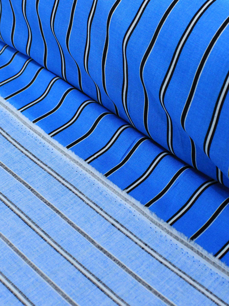 Tecido Viscose Listrado Azul, Branco e Preto