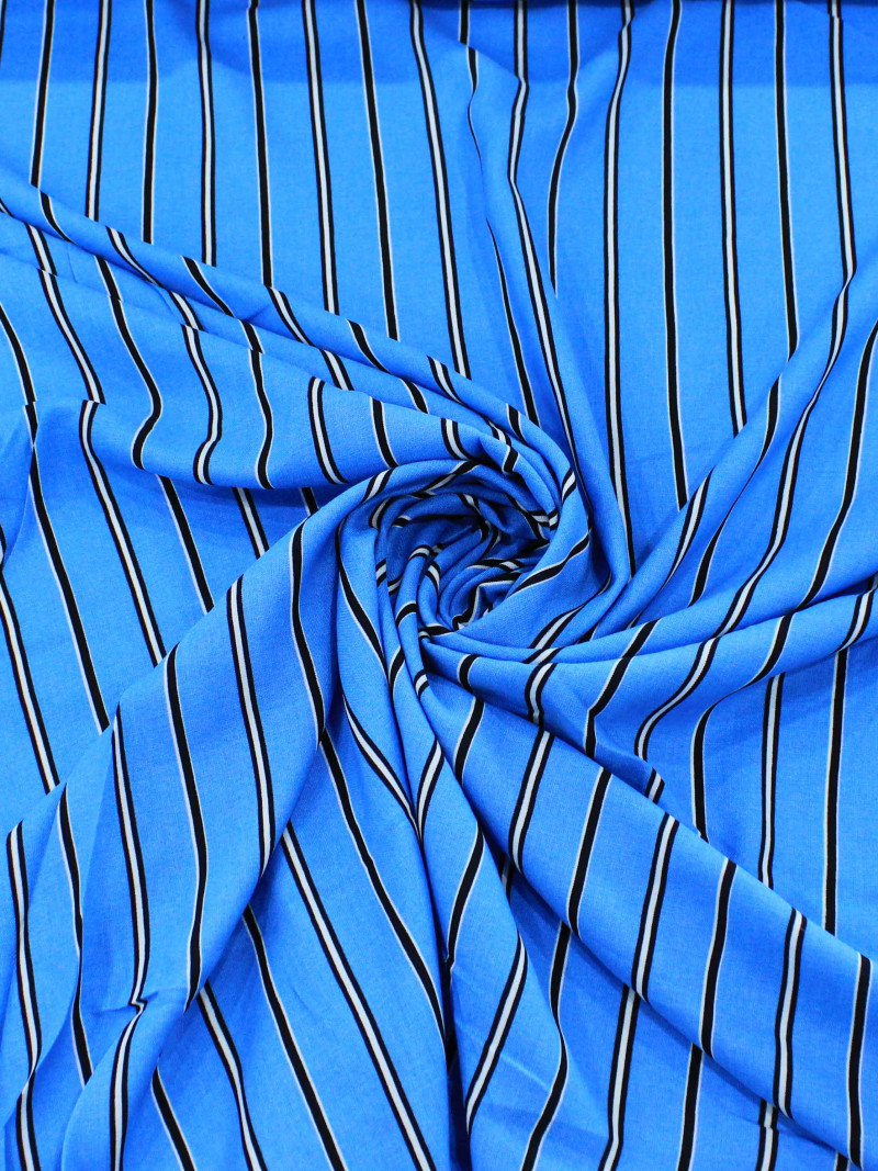 Tecido Viscose Listrado Azul, Branco e Preto