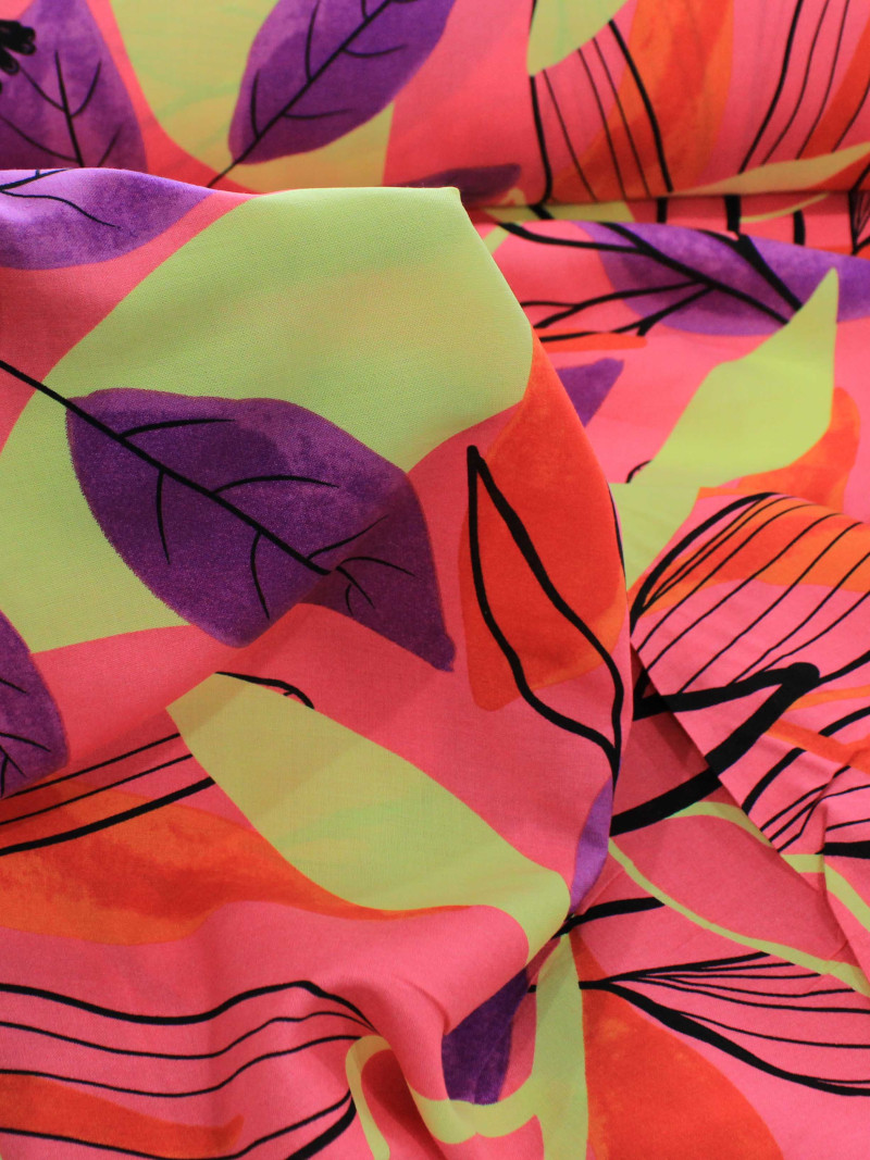 Tecido Viscose Floral Tropical Rosa, Roxo e Verde Lima