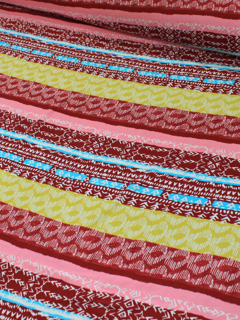 Tecido Viscose Listrado Étnico Vinho, Amarelo e Rosa