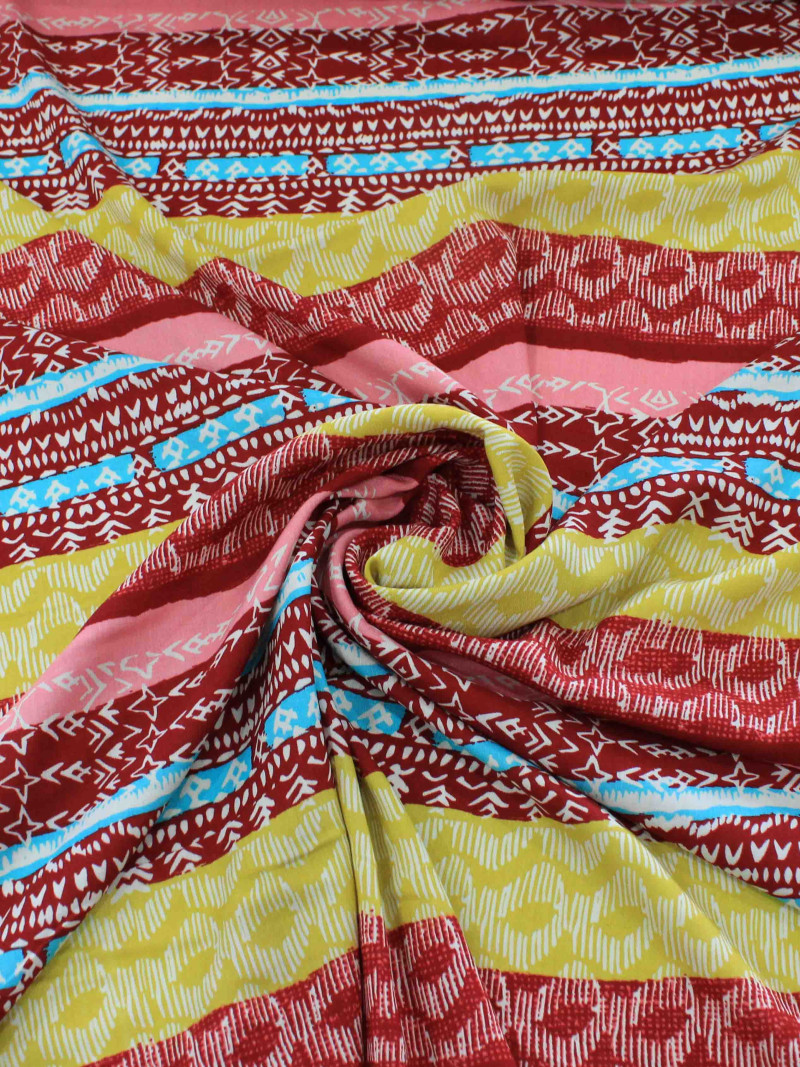 Tecido Viscose Listrado Étnico Vinho, Amarelo e Rosa