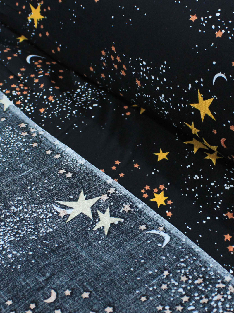 Tecido Viscose Constelação Céu Estrelado Preto e Amarelo